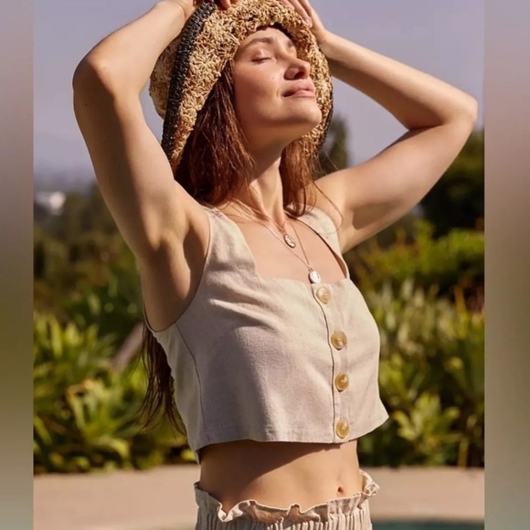 Anthropologie Tops - ANTHROPOLOGIE Flat White Square Neck Cropped Linen Blend Top Beige Size XL NEW